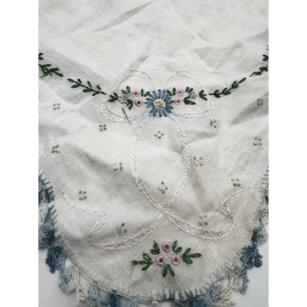 Vintage Hand Embroidered Linen Centerpiece Blue Crochet Edge 20x26 Unfinished